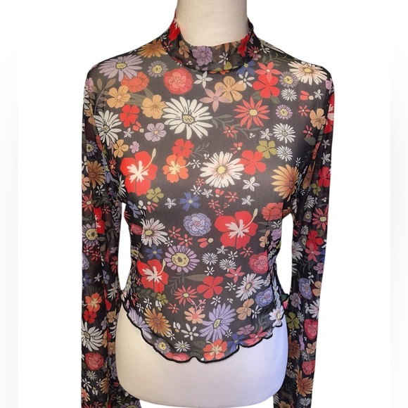 Black floral sheer mesh long sleeve top sz XL Brand New! - Picture 2 of 8